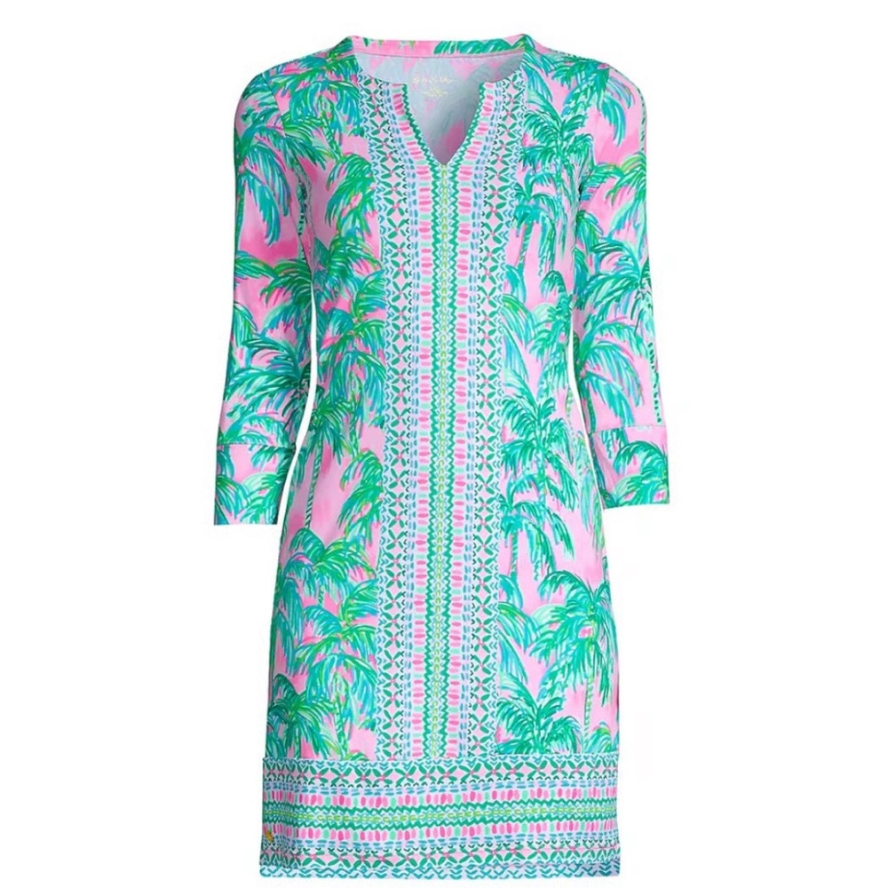 Lilly Pulitzer NADINE PALM TREE UPF 50+ SHIFT DRESS IN PINK BLOSSOM SUITE VIEWS